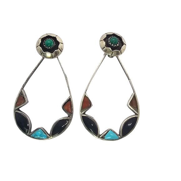 Zuni-Style Sterling Silver Multi-Stone Inlay Convertible Teardrop Earrings - Picture 2 of 16